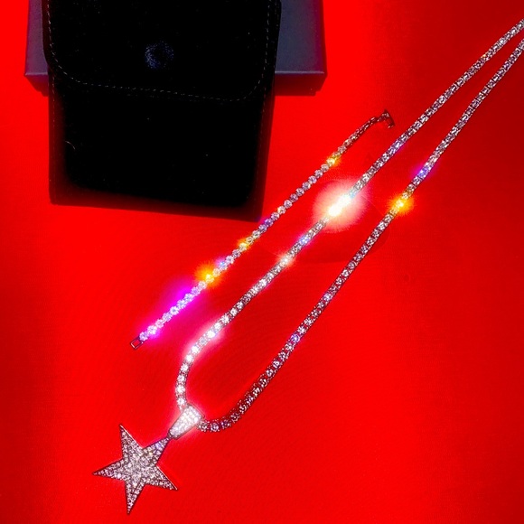 ICED OUT TENNIS NECKLACE 24” STAR PENDANT MATCHING BRACELET SET BOX NEW!! - Picture 1 of 5